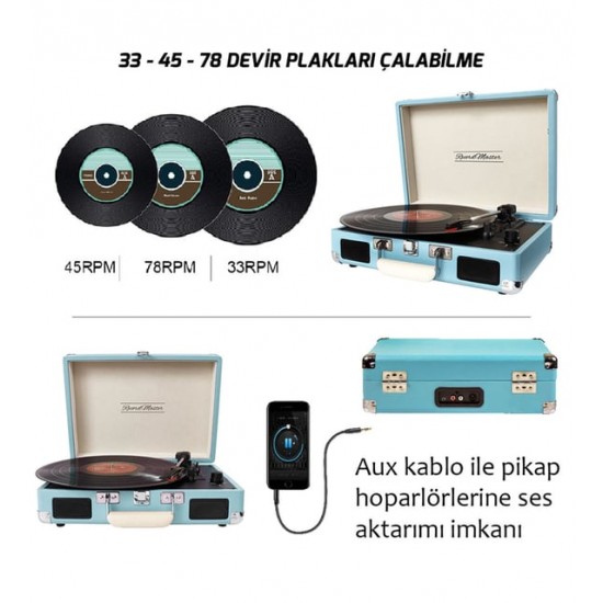 Record Master T310CH Şarjlı Retro Mavi Pikap
